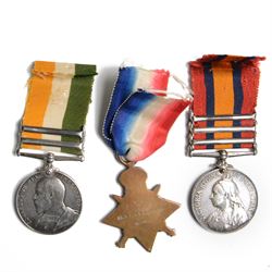 Boer War/ WWI medal group for W. A. Sexton 18th Hussars Sargent (4395)/ Major (5622); Queen's South Africa medal with Orange Free State, Transvaal and Talana clasps, King's South Africa medal with South Africa 1901, South Africa 1902 clasps 
1914 Star