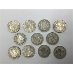 Eleven King George V 1915 silver half crown coins