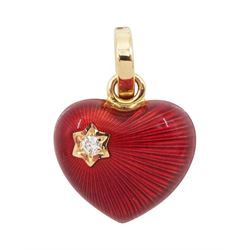 Faberge 18ct rose gold round brilliant cut diamond and red guilloche enamel heart pendant ...