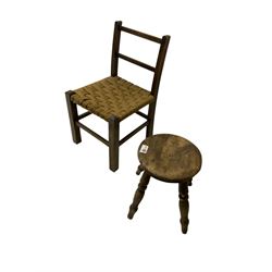 19th century beech stool with dished seat and four turned supports (D22cm, H26cm), and a beech child's chair with rush seat