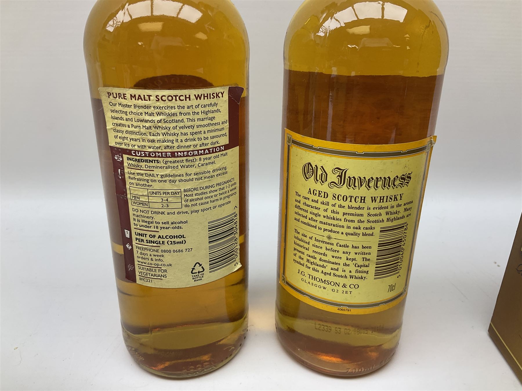Mixed alcohol comprising Old Inverness Aged Scotch whisky, J.G.Thomson & Co, two bottles of White Horse Fine Old Scotch whisky, Three Barrels VSOP French Brandy in box etc, five bottles, various contents and proofs