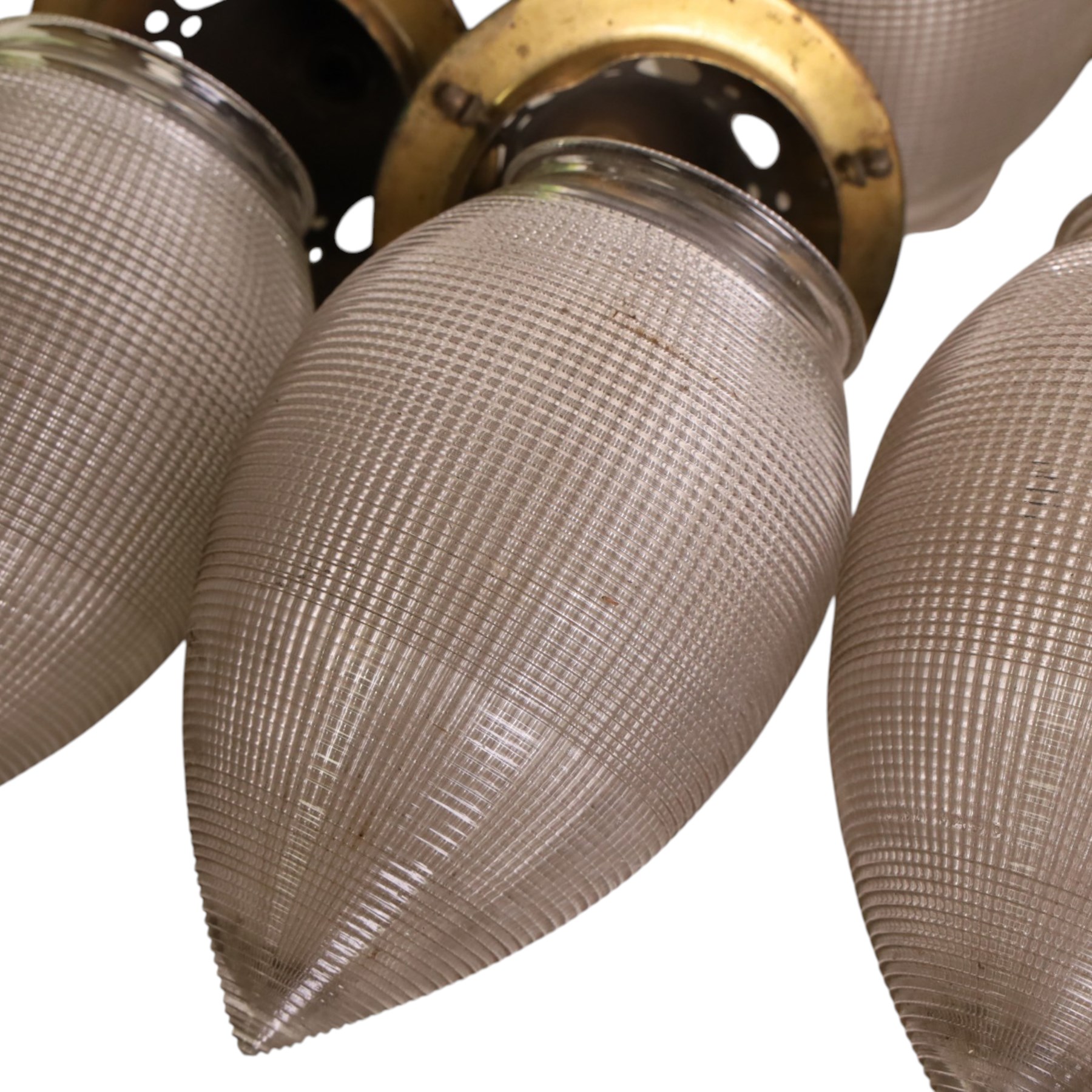 Set of eight French Art Deco Blondel Holophane pendant lights, the glass acorn shades, with pierced brass fittings, shades H35cm