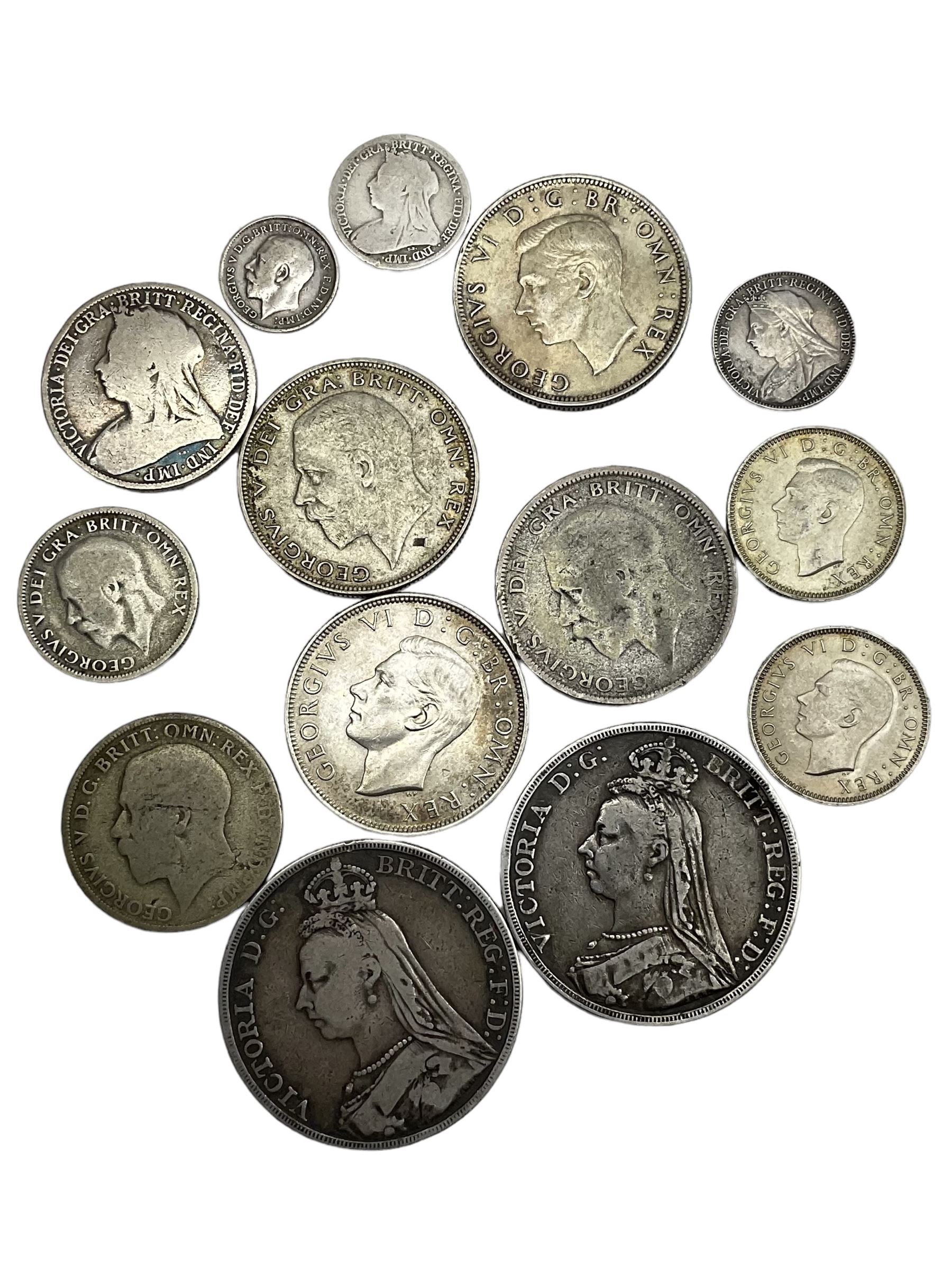 Two Queen Victoria silver crown coins dated 1889 and 1892, 1895 sixpence and small number of other pre 1920 coins and approximately 80 grams of Great British pre 1947 silver coins