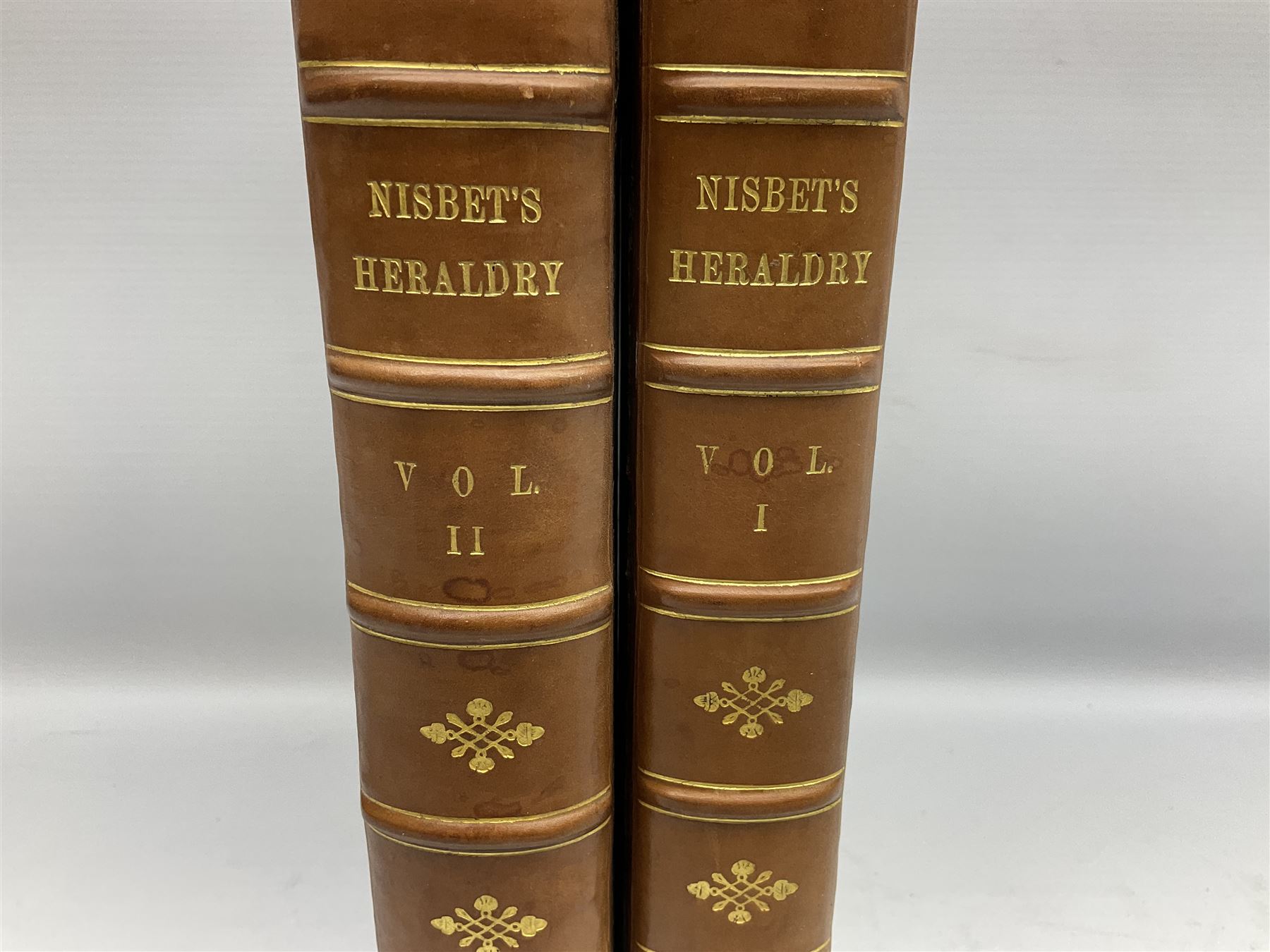 Nisbet Alexander: A System of Heraldry Speculative and Practical with the True Art of Blazon According to the Most approved Heralds in Europe[...], R. Fleming, Edinburgh, 1722, 1742, 2 vols, engraved plates, full calf binding re-backed using original boards 
