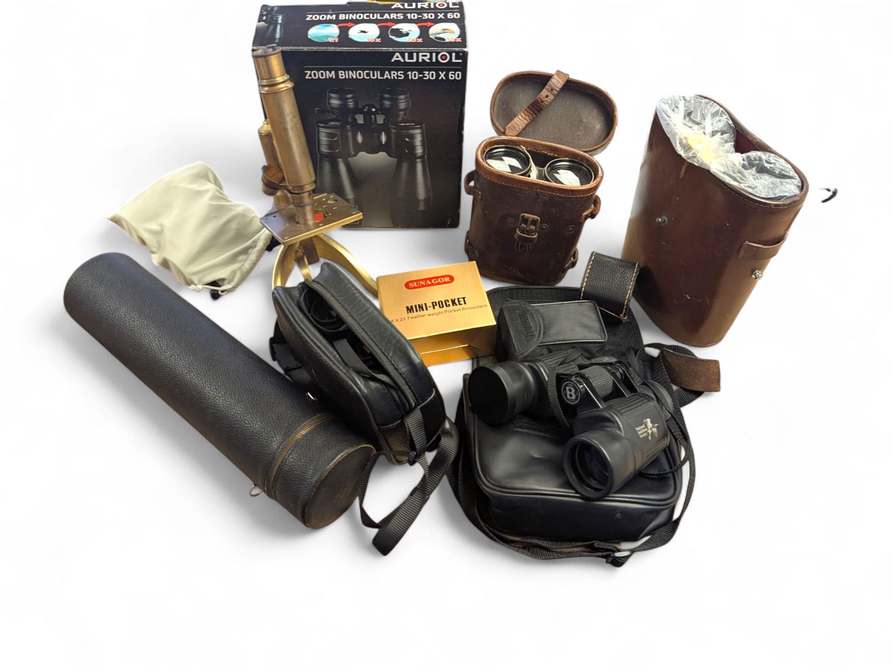 Two Services pocket watches, pair of Auriol Zoom binoculars 10-30 x 60, Sunagor Mini-Pocket binoculars, all boxed, Russian Baigish 8 x 30 binoculars, Oregon 4 binoculars, other binoculars, Prinz Galaxy lens and a Leitz Wetzlar microscope