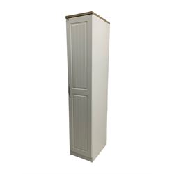 Oak and white finish tall narrow single wardrobe, fitted with shelves