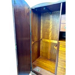 Ashton Leach & Cumberbirch Ltd., Rochdale - early 20th century walnut and mahogany gentleman's wardrobe, arched moulded top with book-matched figured walnut veneers, double doors enclosing fitted interior with hanging rail, tie rack and drawers, raised on cabriole supports