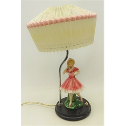  Art deco style bakelite table lamp, mounted with a ceramic figure of a young girl, H45cm   