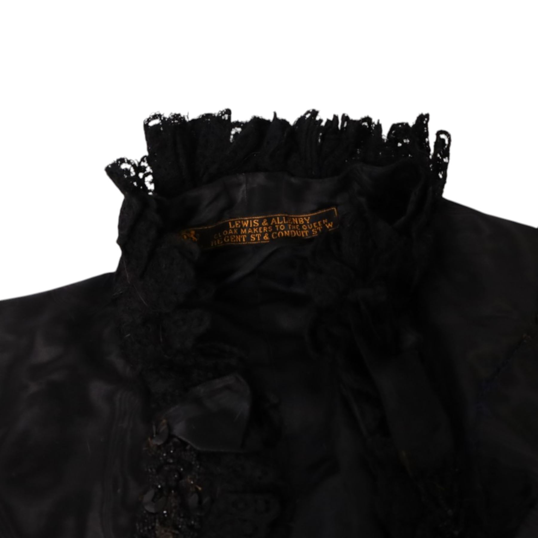 Victorian opera coat, black silk, lace and bead work, together with ermine muff, collar and tippet, opera glasses, long gloves and bags 