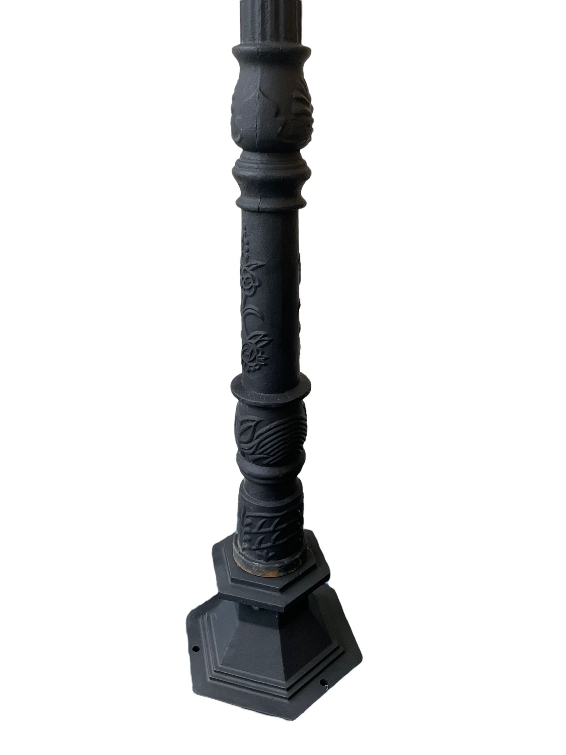 Victorian style cast iron street lamp post, with copper and glass lantern top