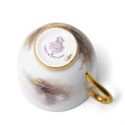 Royal Worcester cabinet cup and saucer, each painted with pheasants in a landscape, by James Stinton, each with backstamp in puce, teacup H5cm