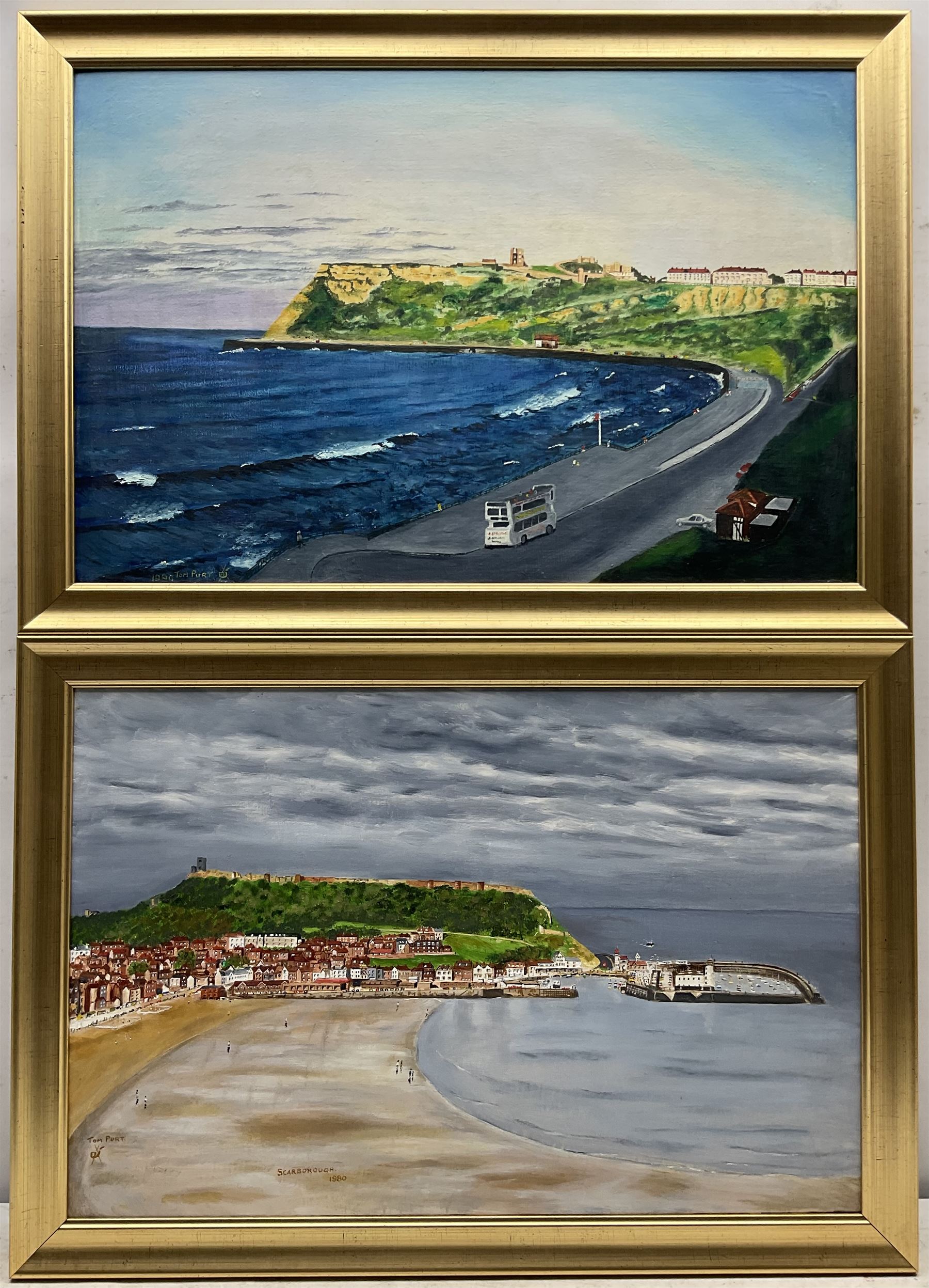 Tom Purt (British 20th century): Scarborough North and South Bays, and Thornton-le-Dale, three oils on canvas and board, variously signed and dated, two 40cm x 60cm, the latter 29cm x 40cm (3)