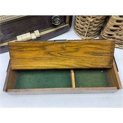 Early 20th century burr walnut tea caddy, Art Deco wooden box, wicker basket with bottle holders and a 1950s Stella radiogram