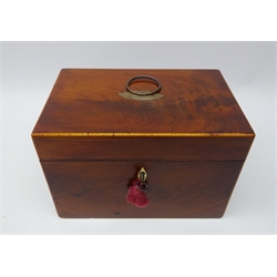  George III figured mahogany and satinwood strung tea caddy, ivory inlaid escutcheon, plated loop handle and fitted interior with rectangular caddy and glass mixing bowl, L22cm x H15cm   