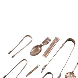 Silver cigar piercer, hallmarked together with silver medicine spoon, pencil case and other silver and three plated sugar tongs   