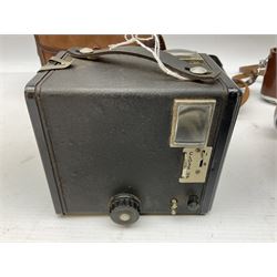 Kodak Retina III camera with 'Schneider-Kreuznach 3977724 Retina-Xenon C f:2/50mm' lens in leather case, and Brownie Model D in leather case