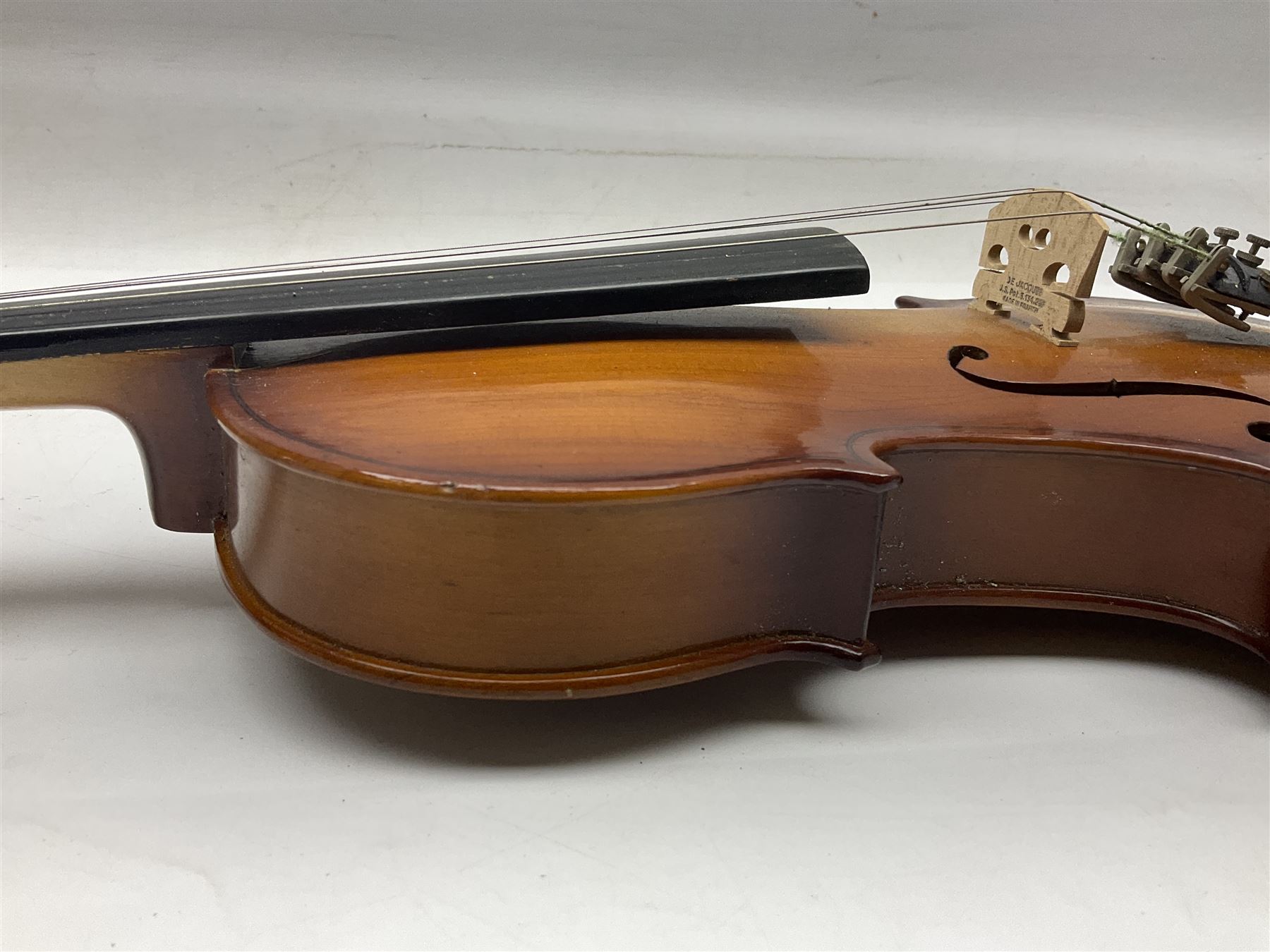 Chinese Parrot violin with 35.5cm two-piece back; L59.5cm in carrying case; and early 20th century German violin for restoration; bears label 'Antonius Stradivarius Faciebat Anno 1730'; cased with bow (2)