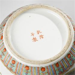 Chinese famille verte ginger jar, painted with figures in a garden setting, apocryphal Qianlong mark to base, H24cm