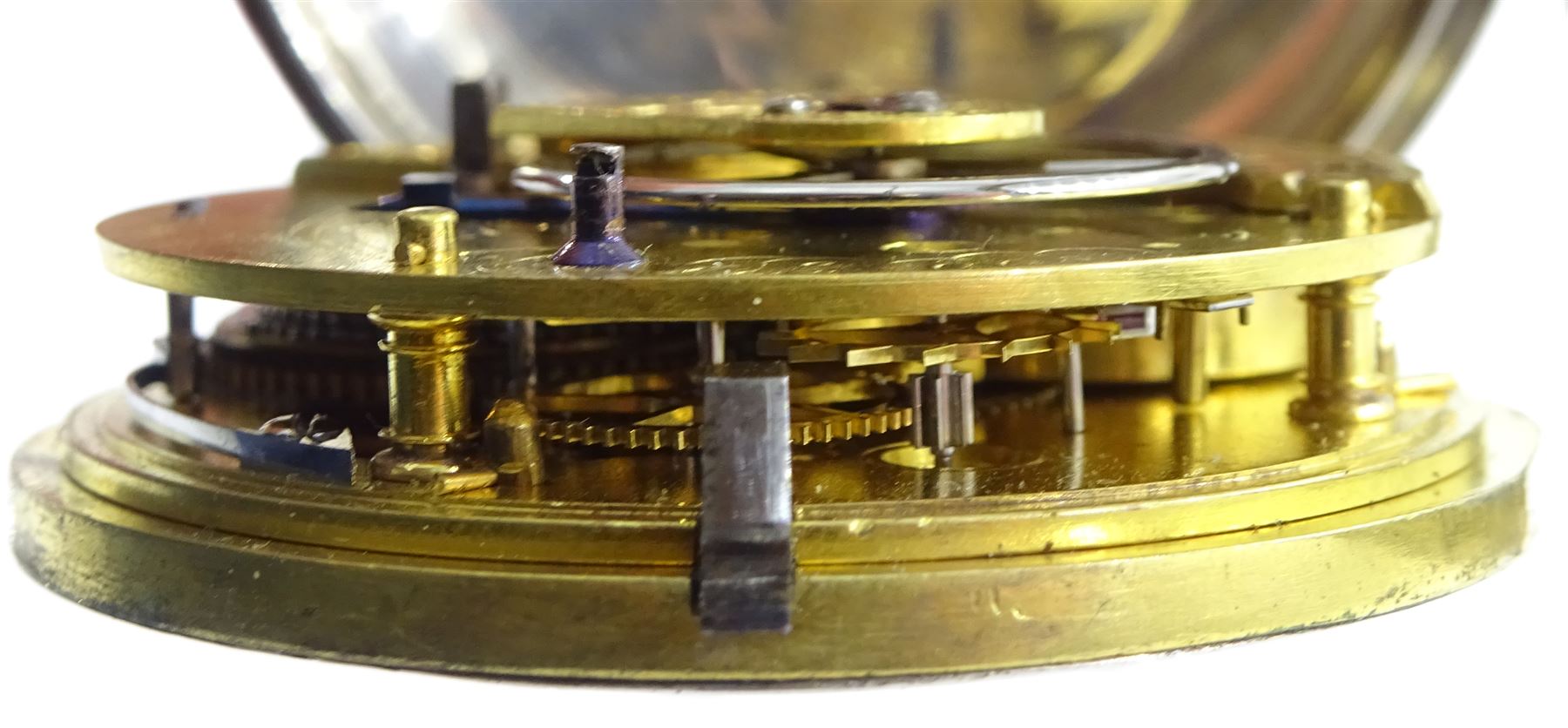 Victorian silver open face English lever fusee pocket watch by George Elliott, Kirk Burton, No. 8008, round pillars, engraved balance cock with diamond endstone, silver engine turned dial with Roman numerals and subsidiary seconds dial, case by George Hammon, London 1845