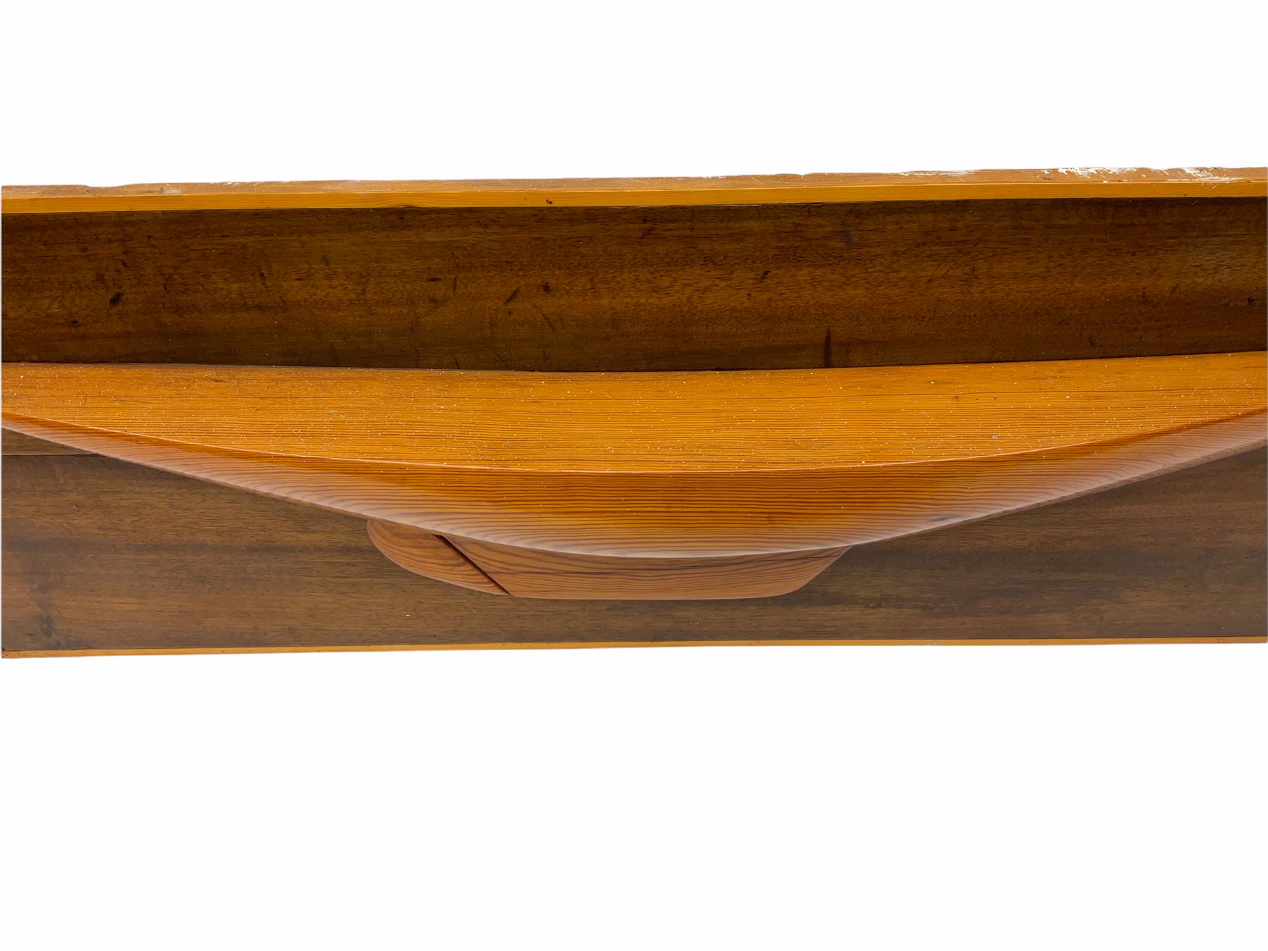 Ship builders half block pitch pine hull model upon mahogany backboard, bearing plaque 'Troll 1905', L103.5cm H35cm