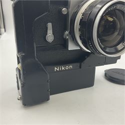 Nikon F NKJ plain prism camera body, serial no. 6520477, with 'Nikon NIKKOR-S Auto 1:2.8 f=35mm' lens, serial no. 344731, Nikon F36 Motor Drive NKJ, serial no. 122780 and Nikon cordless battery pack