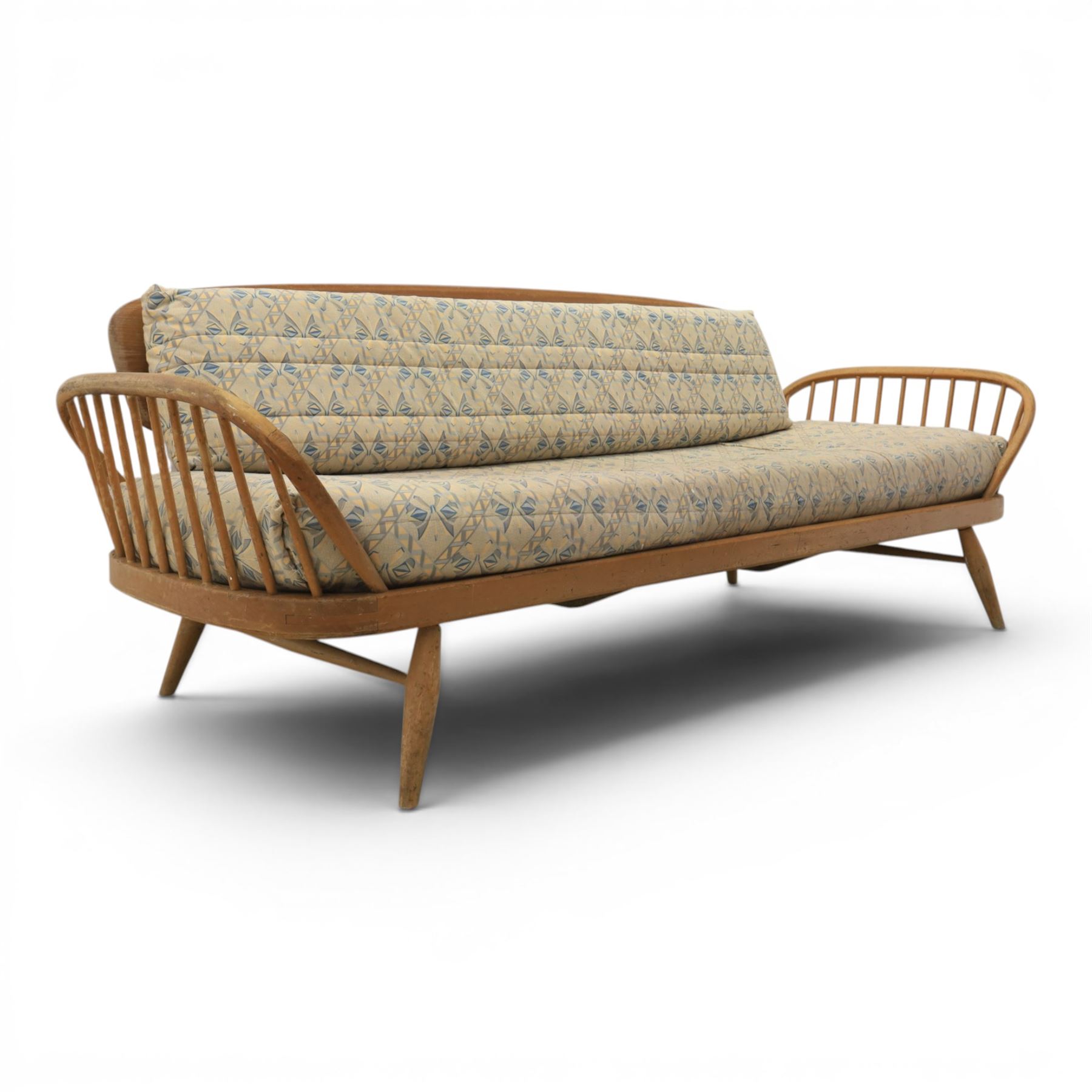 Lucian Ercolani for Ercol - 'Studio Couch' model no. 355, elm and beech framed, with loose geometric cushions