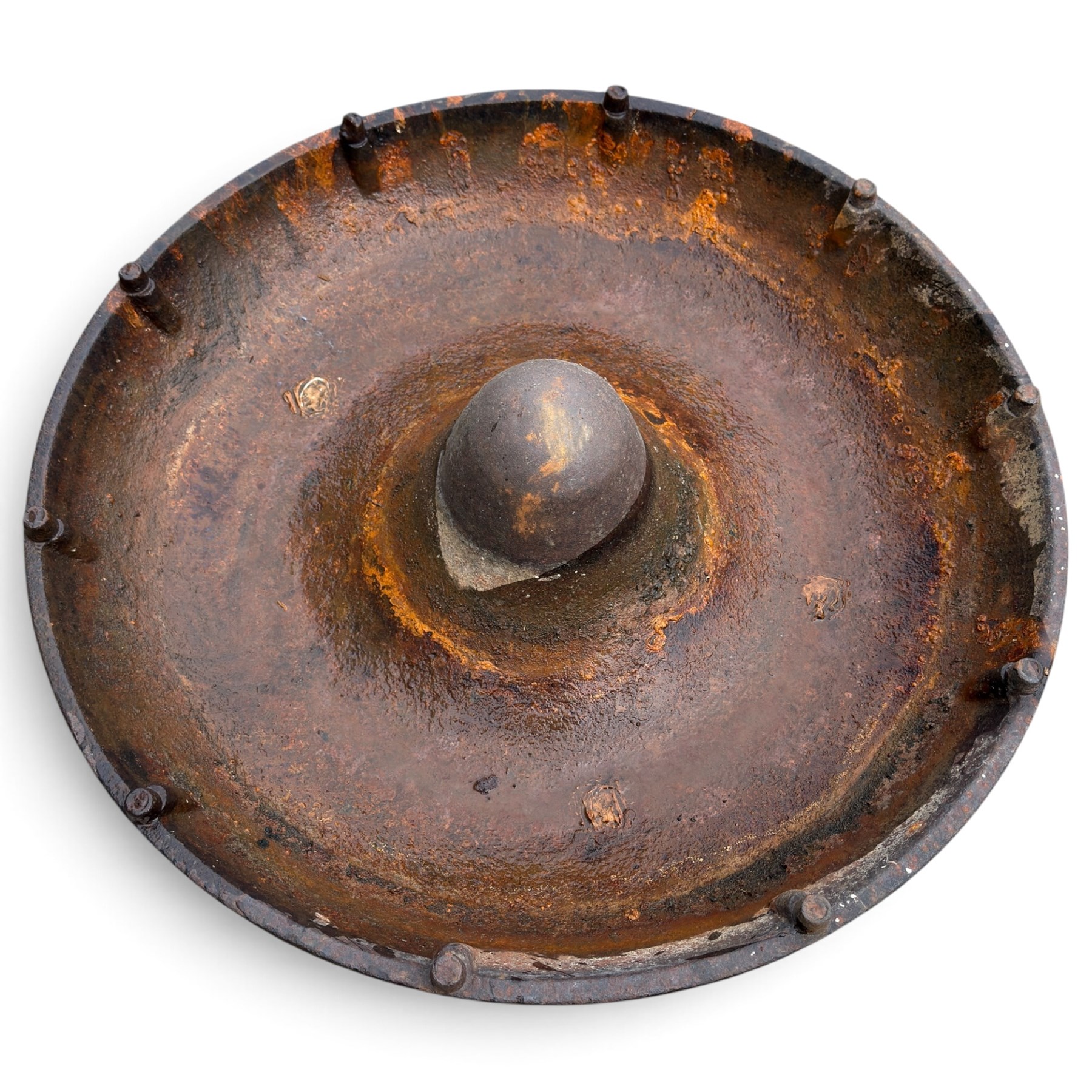 Two early 20th century cast iron ‘Mexican hat’ pig trough planters, each of circular dished form with central domed boss, one fitted with fixing studs for radial feeding divisions
