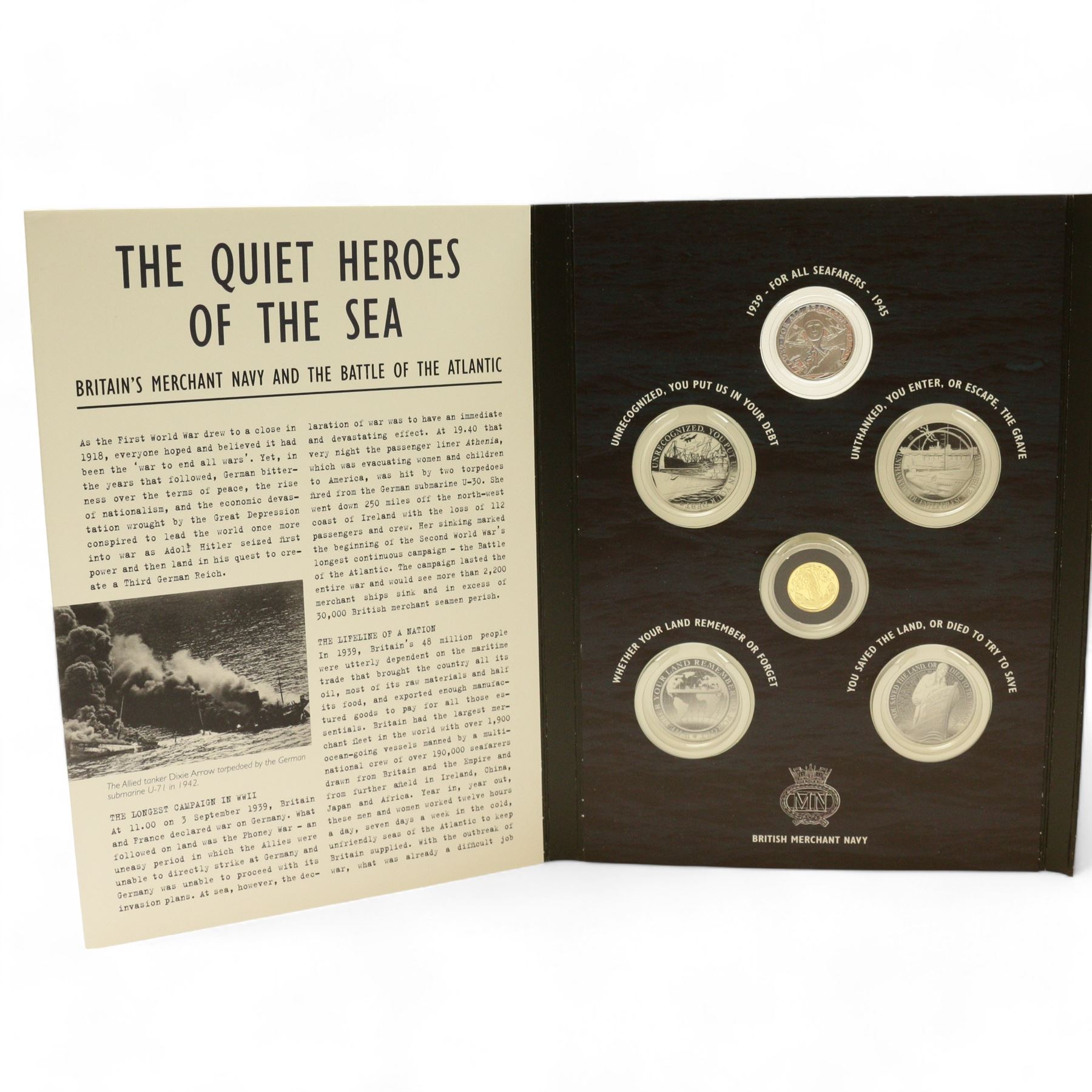 Merchant Navy 'The Battle Of The Atlantic 1939-1945', part coin set including Queen Elizabeth II Gibraltar 2016 24 carat gold 3.11 grams ten pound coin etc, in card folder