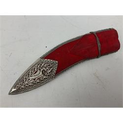 Eastern Presentation Kukri, 25cm blade, in ornate white metal sheath with bird and foliate open-work decoration, red velvet detail, two miniature knives, 40cm overall
