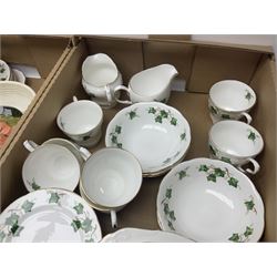 Moorcroft Hibiscus pattern trinket dish, together with Edinburgh Crystal wine glasses, Colclough ivy pattern tea and dinner wares etc, in three boxes 