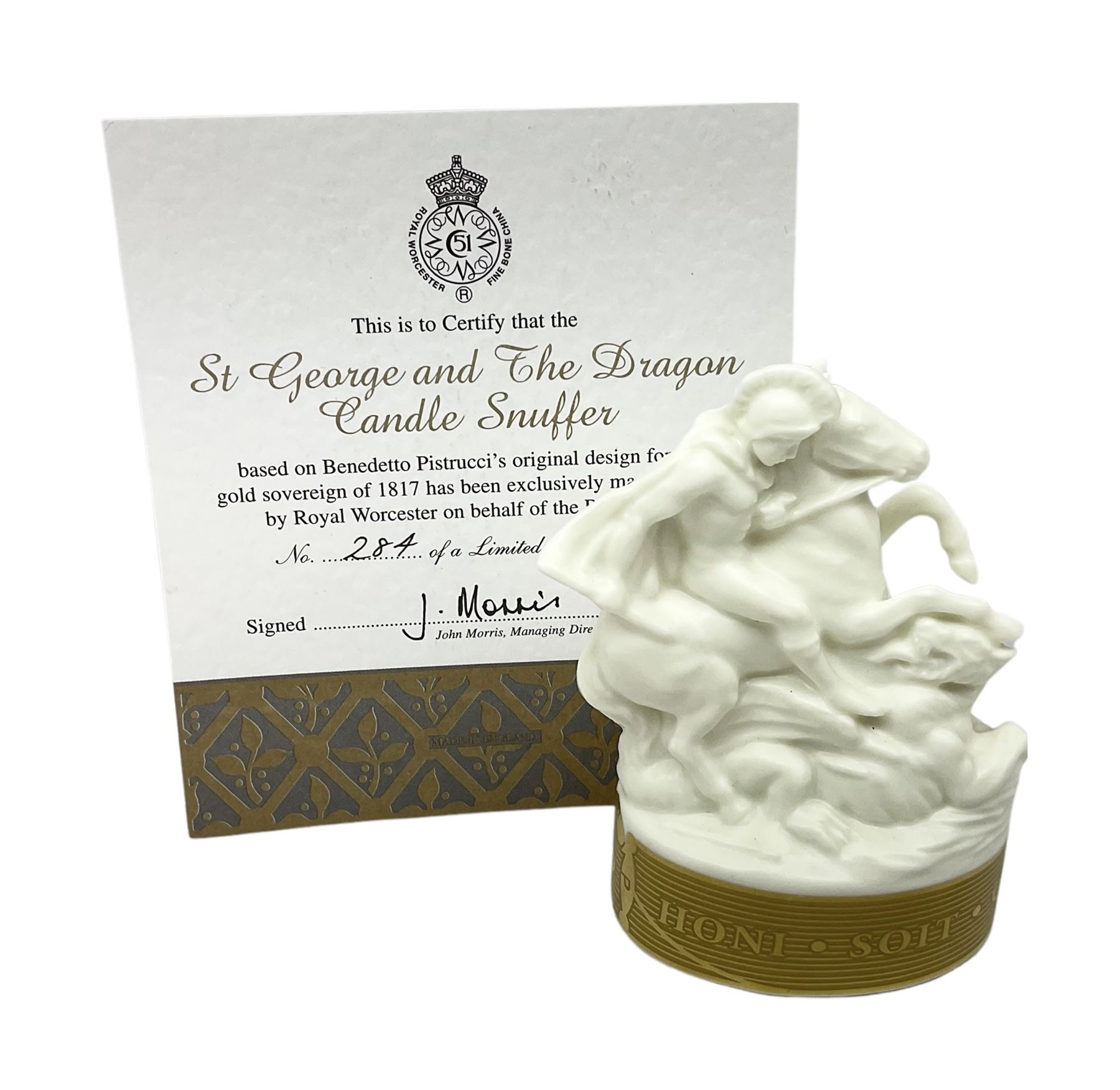 Royal Worcester limited edition 284/1817 St. George and the Dragon candle snuffer, with certificate, H9.5cm