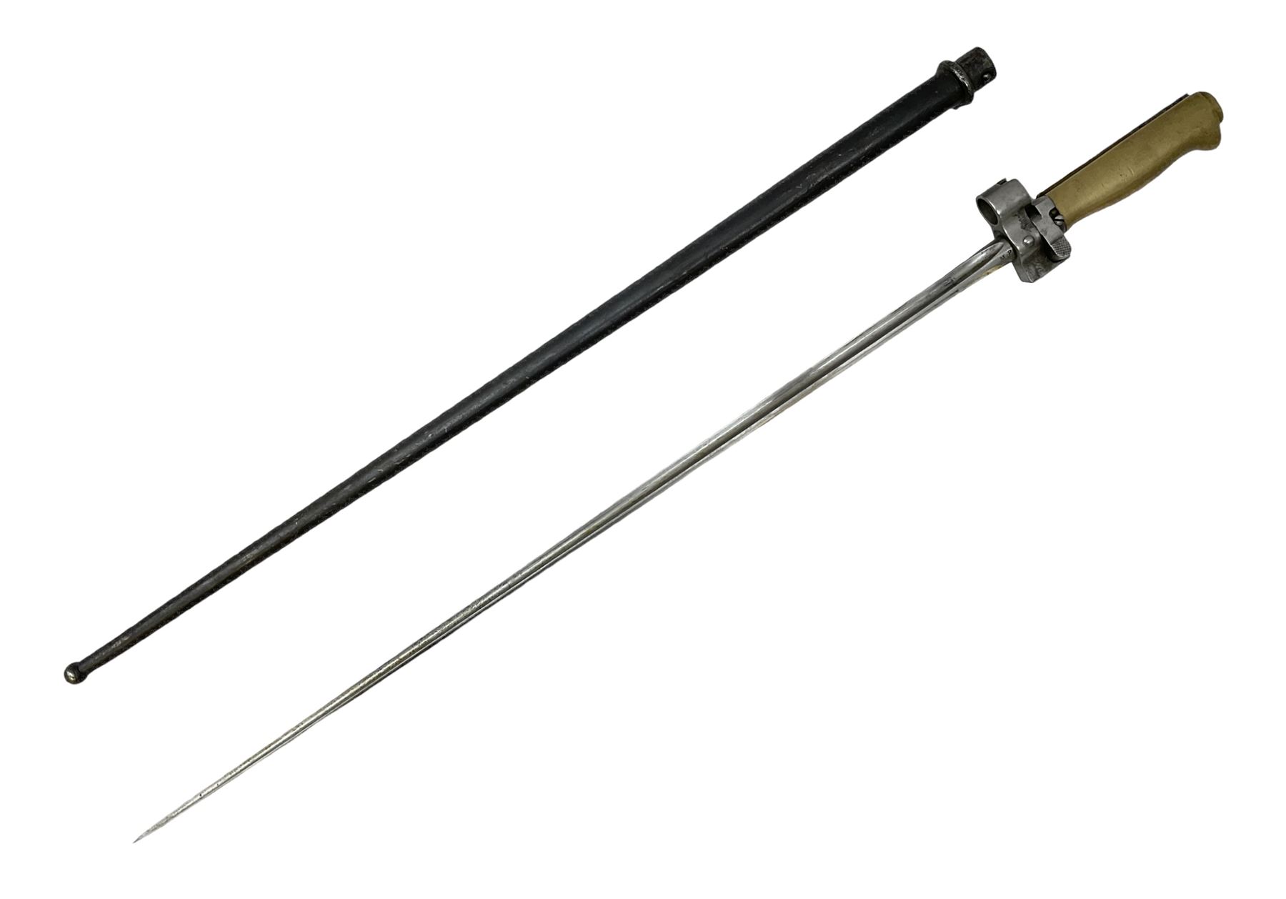 French Lebel Model 1886/93/16 bayonet with 52cm steel cruciform blade and brass hilt No.R22136; in steel tapering round scabbard numbered A62918 L65.5cm overall