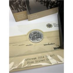 The Royal Mint 2014 silver proof two pound coin 'Outbreak' commemorating the 100th anniversary of the First World War,  cased with certificate, in outer cover and a 2014 fine silver twenty pound coin 'Outbreak' on card 