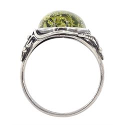 Silver single stone green amber ring, stamped 925