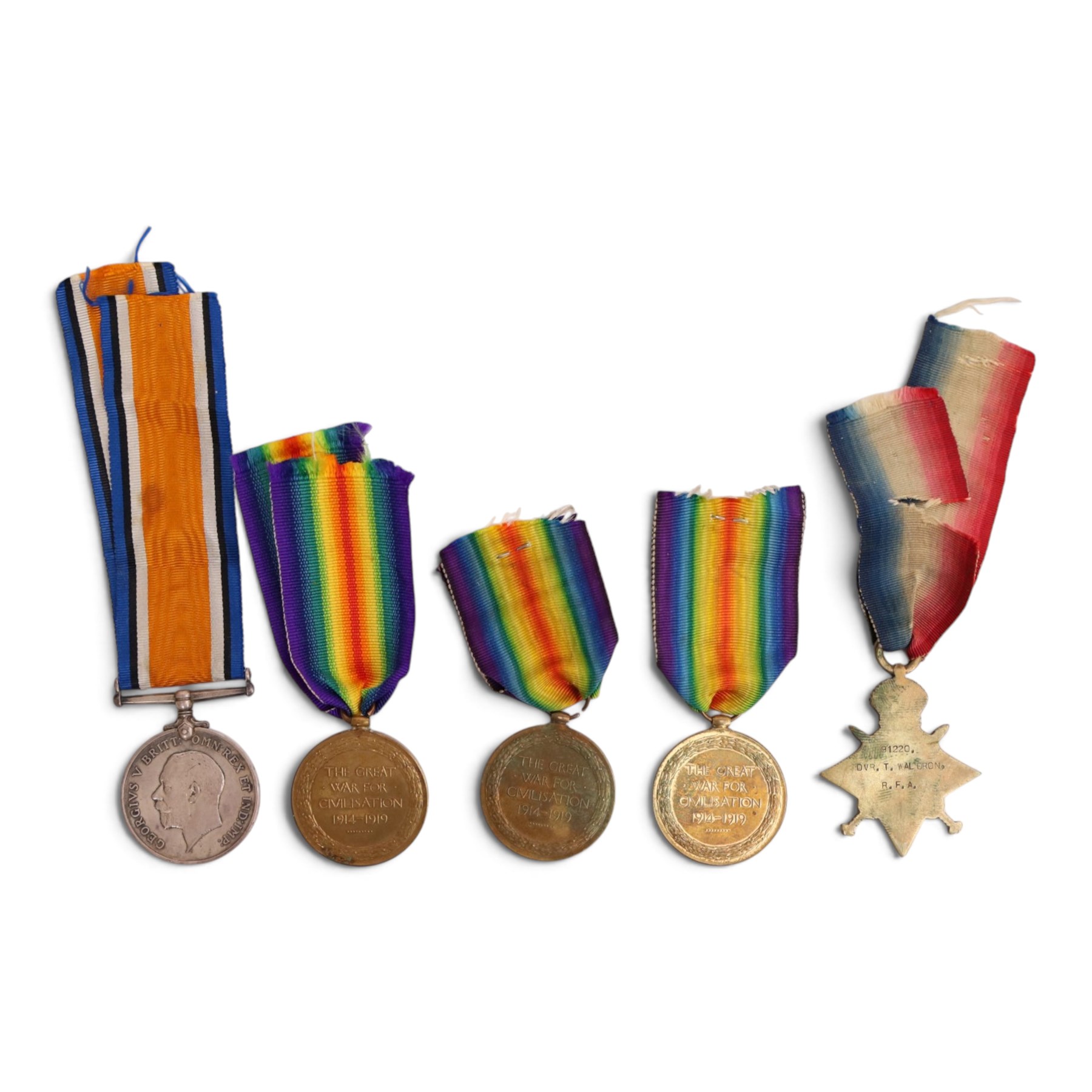 WWI British medals comprising 1914-15 Star, War medal and three victory medals 
