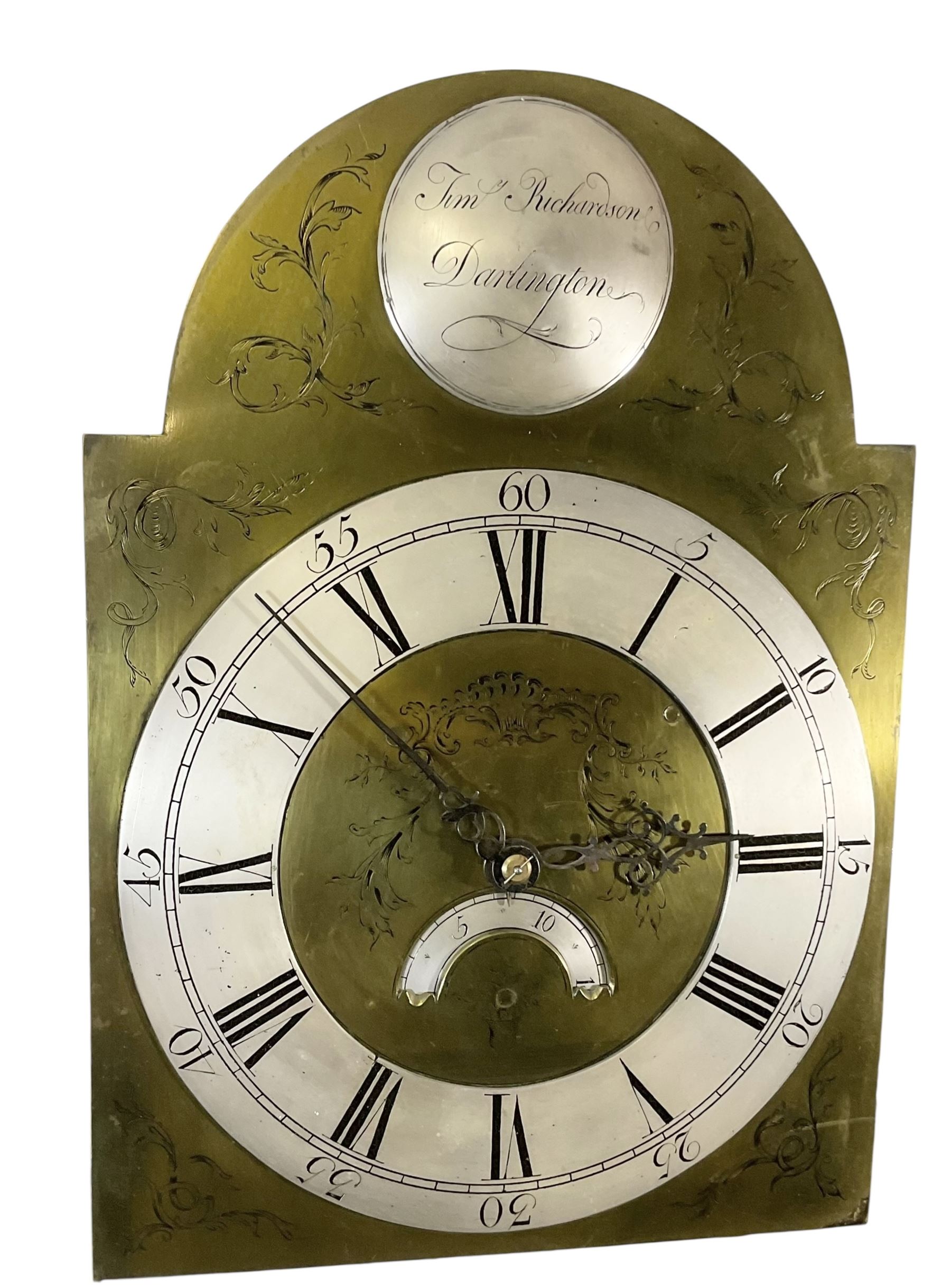 Timothy Richardson of Darlington-late 18th century 30hr longcase clock movement and dial c 1780, break arch brass dial with engraved spandrels, engraved dial centre and date aperture, silvered boss to the arch with makers name and place of work, with a silvered chapter, Roman numerals, five minute Arabic's, minute track and original steel hands, dial pinned directly to a chain driven movement with a recoil anchor escapement and outside countwheel strike, sounding the hours on a cast bell. With weight and pendulum. Dial 12