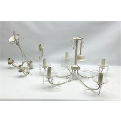 Five branched chandelier with droplet details, together with a similar three branches chandelier and Nincoair Alumax G535 RTF radio controlled helicopter, boxed