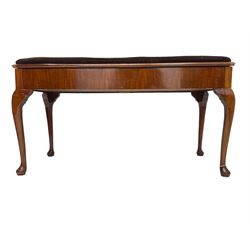 Early 20th century walnut duet piano stool, rectangular hinged lid with upholstered seat, on cabriole supports