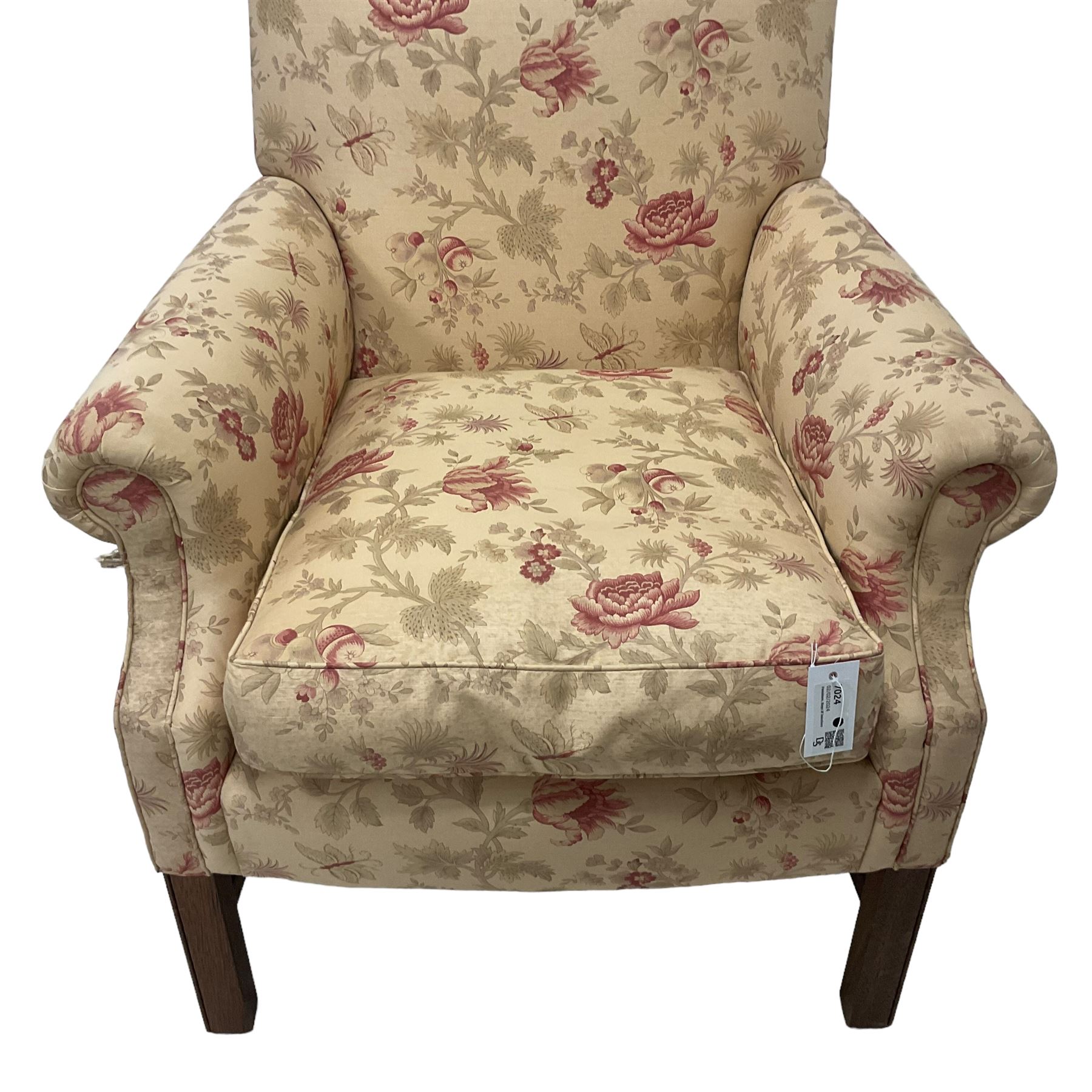 Peter Dudgeon - Georgian design mahogany framed armchair, shaped cresting rail over sprung back and seat flanked by rolled arms, upholstered in floral patterned fabric with matching seat cushion, on square supports joined by stretchers
Provenance: From the Estate of the late Dowager Lady St Oswald