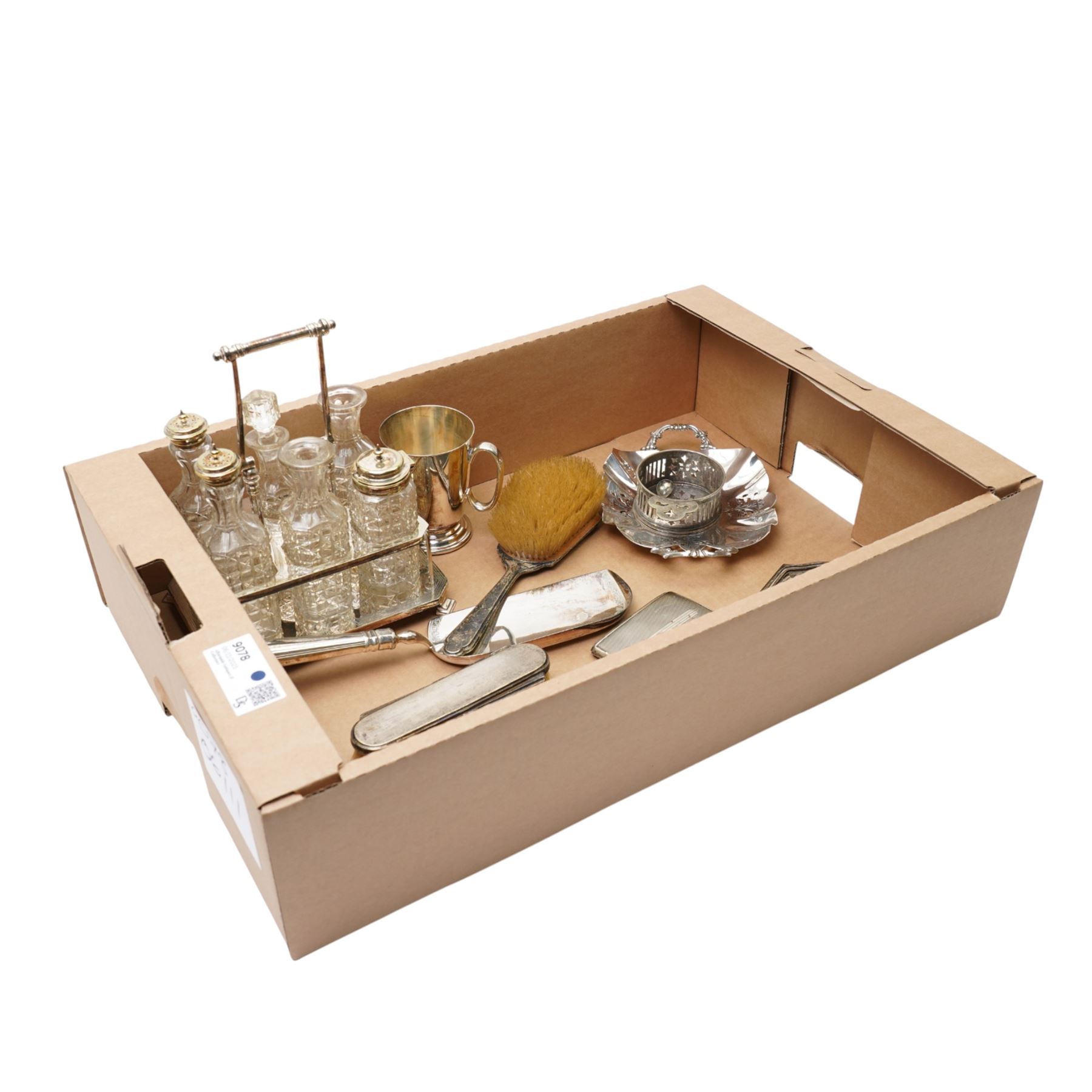 Silver backed brushes and mirrors,plated six bottle cruet, crumb scoop, tankard, plated frame and chromium dish