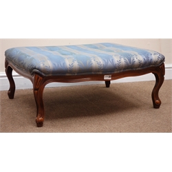 Victorian mahogany serpentine shaped footstool, upholstered in a buttoned blue striped fabric with a floral pattern with a matching fitted cushion, cabriole legs, W75cm, H33cm, D63cm  