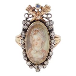 18th / 19th century silver diamond and sapphire portrait ring, set with an oval miniature ...
