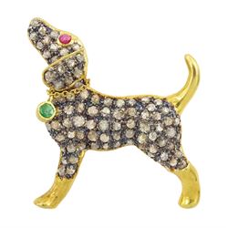 9ct gold and silver rose cut diamond hound dog pendant / brooch, with ruby set eye and eme...