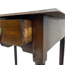 George III oak and elm low-boy, rectangular top with moulded edge, fitted with single drawer cast brass drop handles, shaped apron over cabriole supports terminating in pointed feet