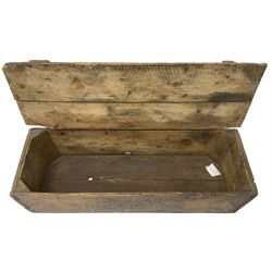 'Consolidated Fruit & Potato Co. (Hull)…' pine storage box with hinged lid (W88cm, H25cm, D29cm); together with a pine pigeon hole wall rack (W101cm, H34cm, D14cm)
