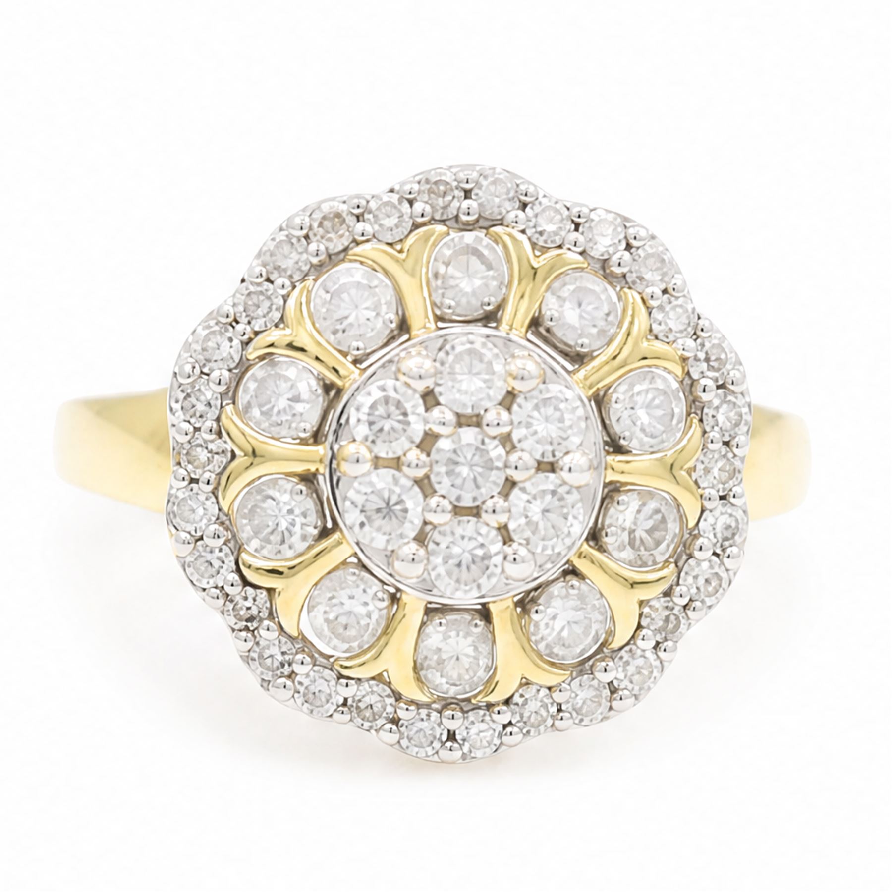 18ct gold diamond flower head cluster ring, set with forty-seven round cut diamonds, Birmingham 2018, total diamond weight approx 1.00 carat