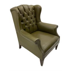 Georgian design wing back armchair, upholstered in studded leather