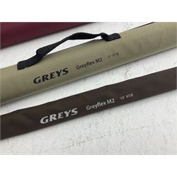 Five fly fishing rods, to include Greys Greyflex M2, Greys Missionary 9'3 etc, together with fly reel, flies, Wychwood fishing bag and various fishing other tackle items 