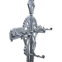 Late 19th century cast iron hall stand in the style of Christopher Dresser, cross shaped upper section with radiating wheel motif and applied hooks, architectural upright with pierced Gothic and geometric detail, fitted with rectangular drip tray and pierced surround, raised on stepped plinth base with bead decoration