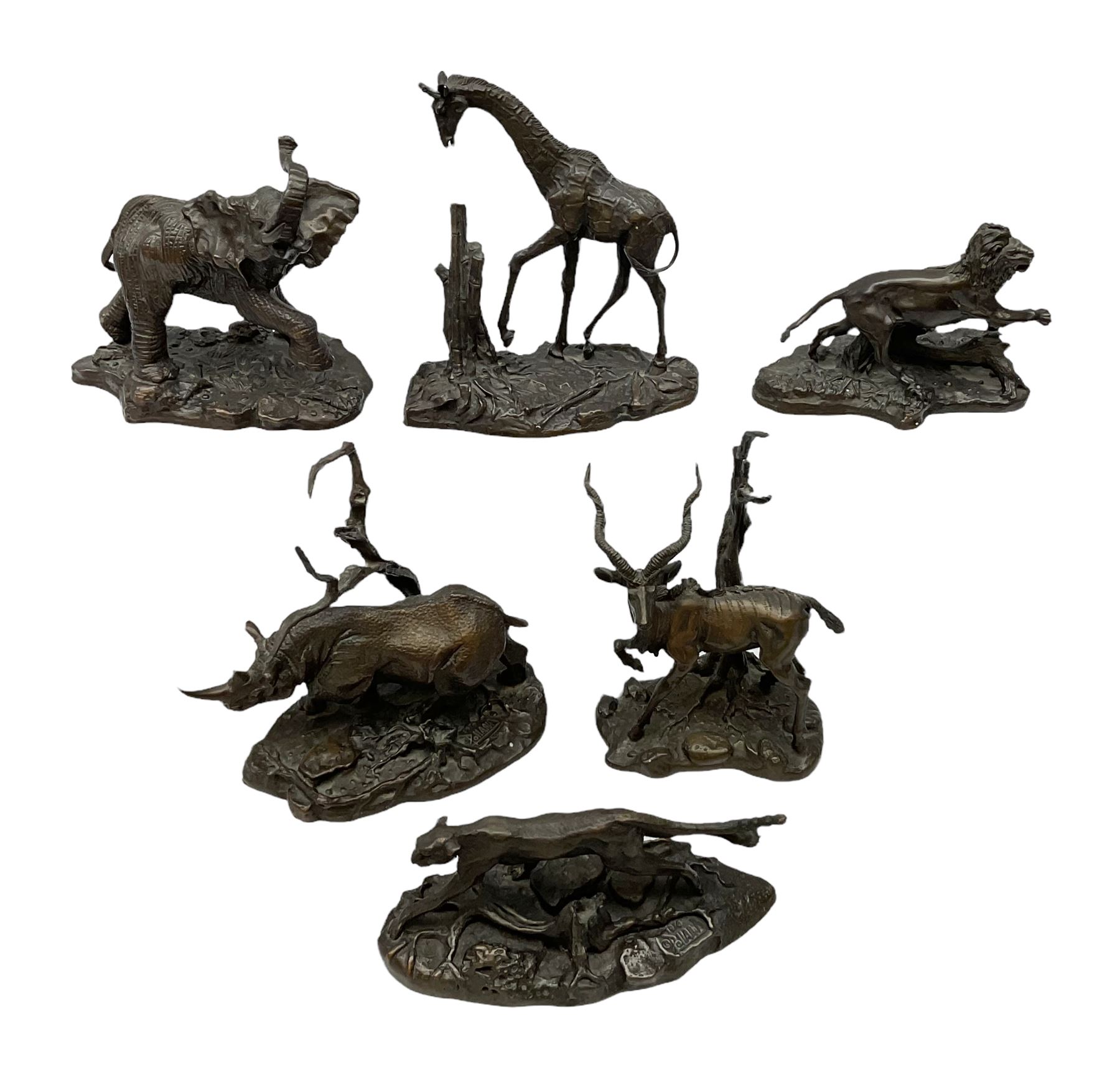 Six Franklin Mint bronze models of African animals, comprising Lion, Black Rhinoceros, Greater Kudu, Cheetah, Giraffe and African Elephant, tallest example H14cm